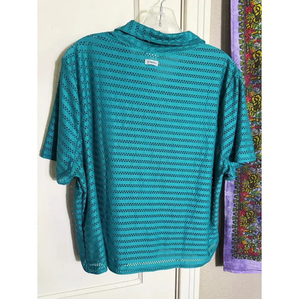 Hurley Teal 2 Piece Set Wide Leg Pants Button Shirt Crochet Open Knit - XL